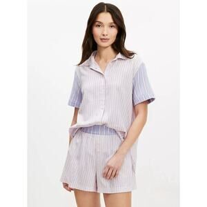 Ann Taylor LOFT Pajamas Set Shorts & Button SS Shirt Striped Pink Blue Womens XL